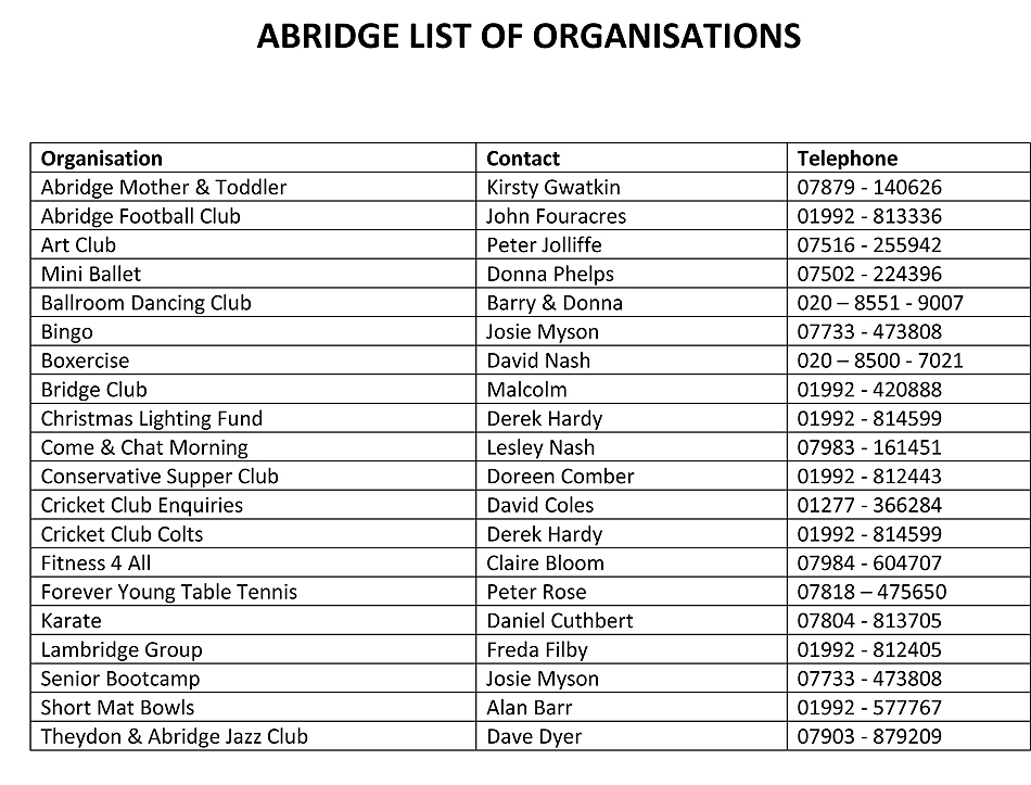 Activities at Abridge Village Hall